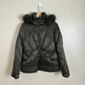 1 Madison Limited Down-Filled Puffer Coat Fox Fur Trim Hood Olive Bronze Size M